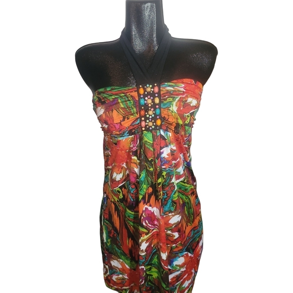 Colorful Floral Halter Mini Dress Size L